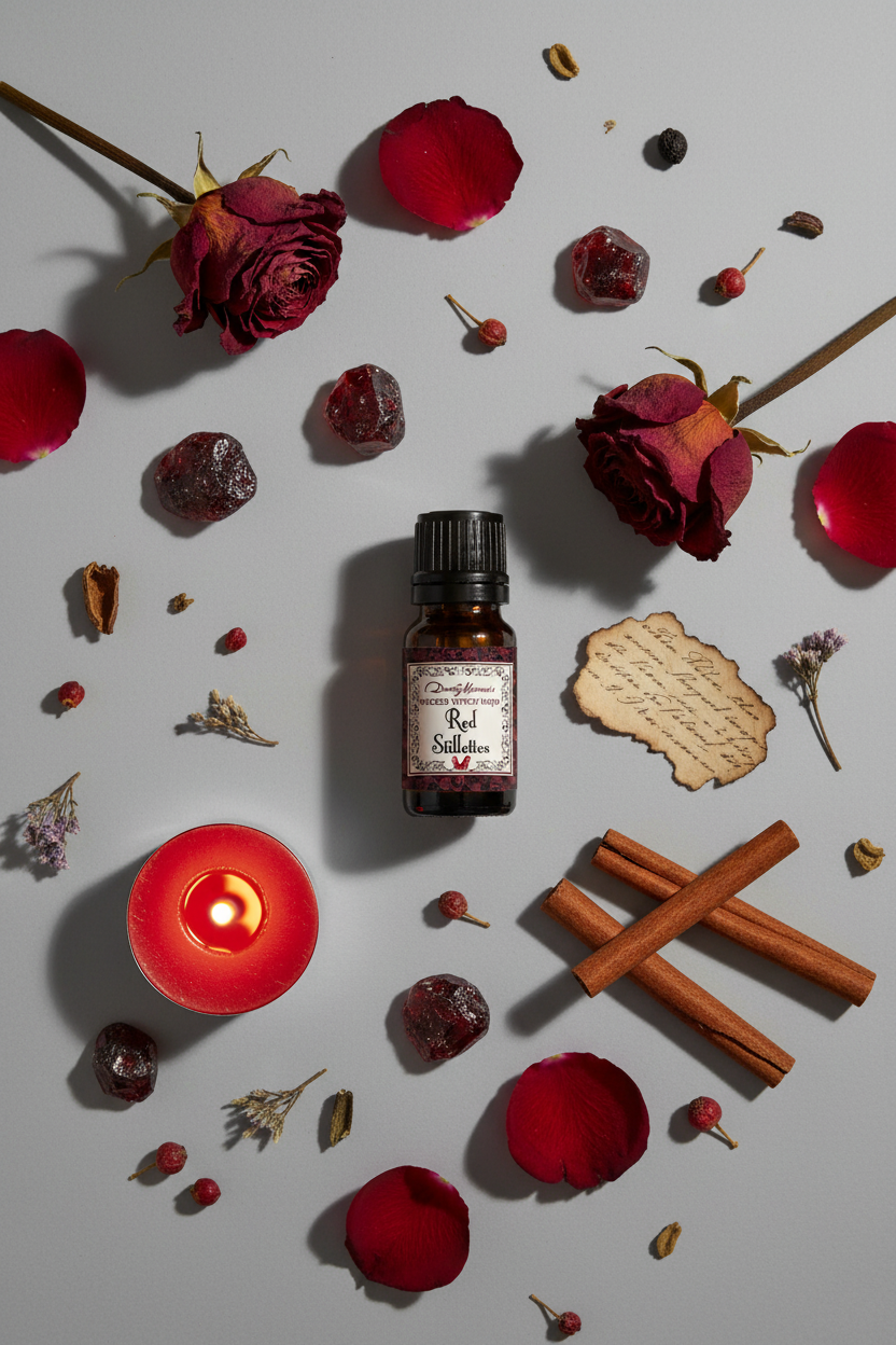 Red Stilettos Mojo Oil Flat Lay