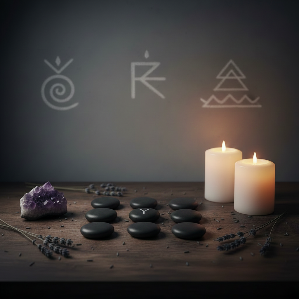 Reiki Lifestyle - Plain Stones, Symbols on Wall