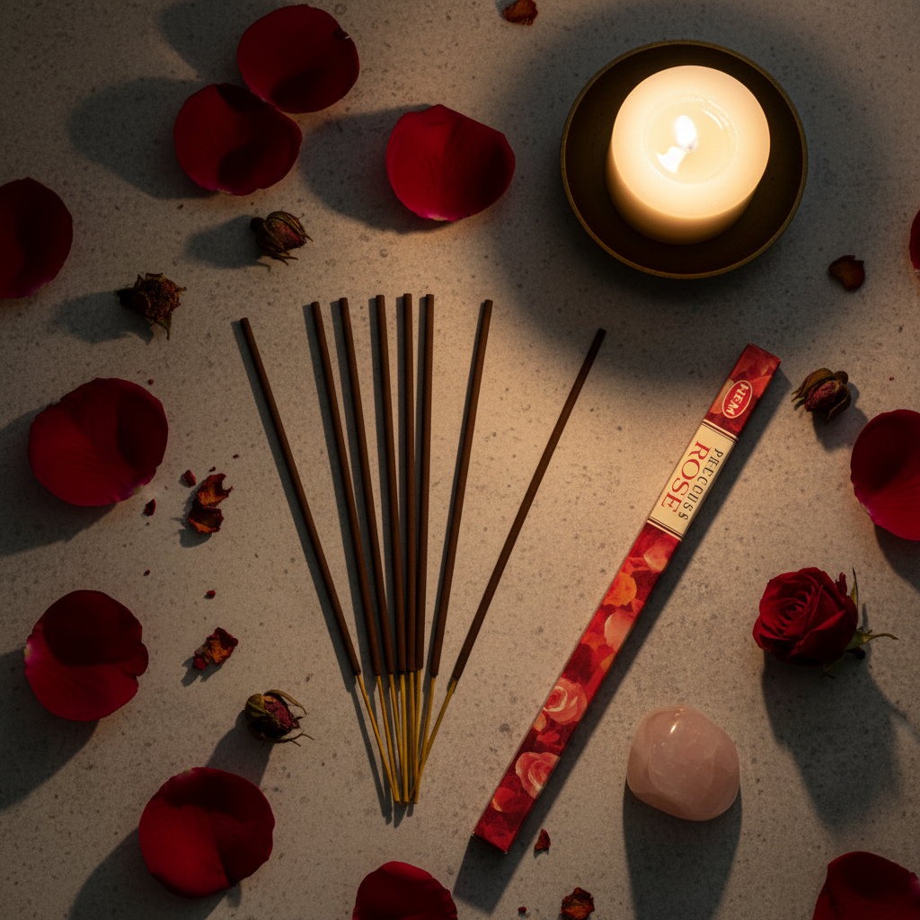 Rose Incense Flat Lay