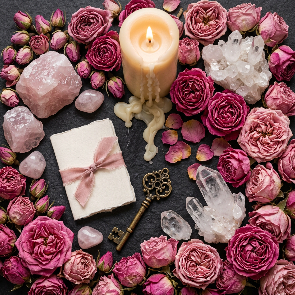 Rose ritual props-only flat lay