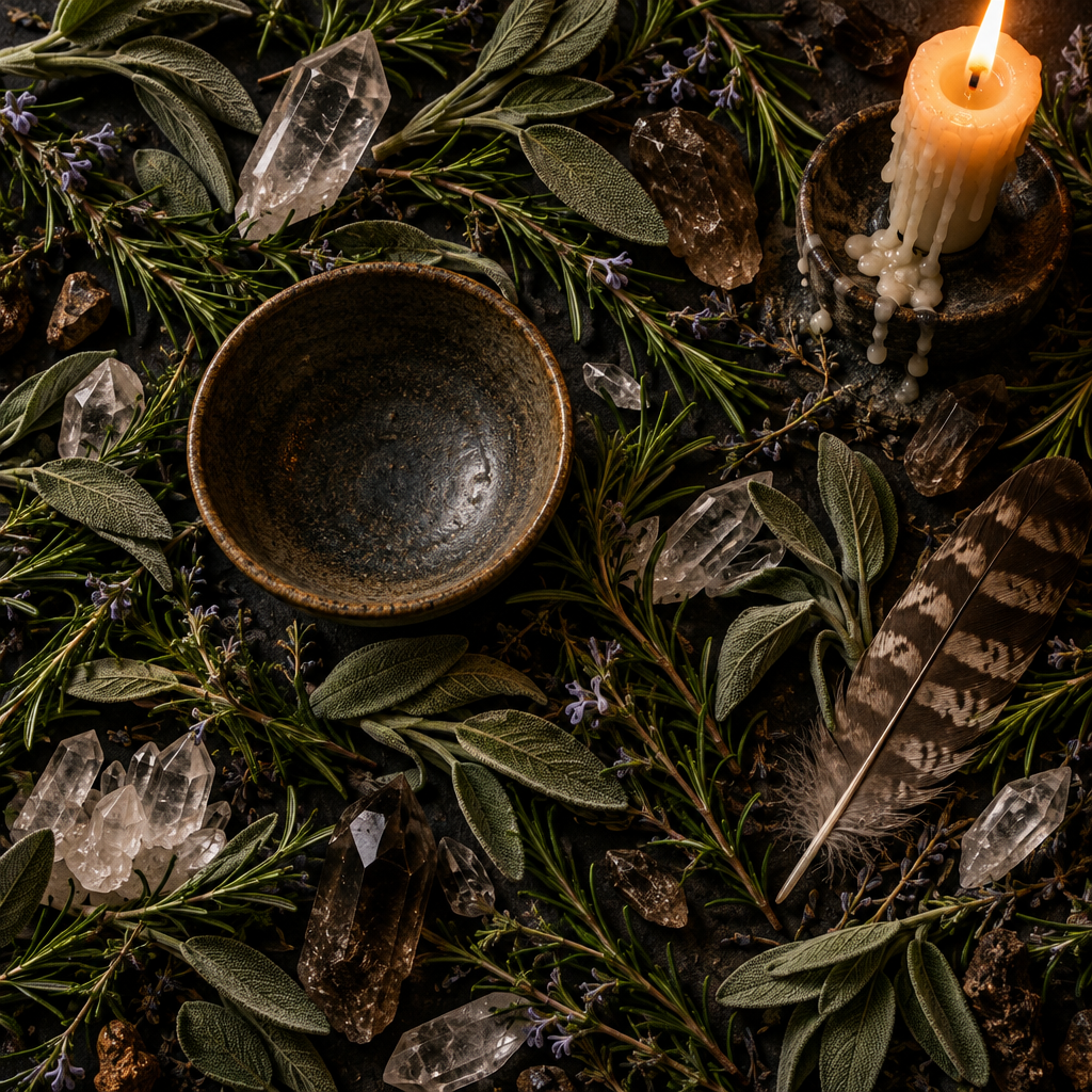 Rosemary ritual props-only flat lay