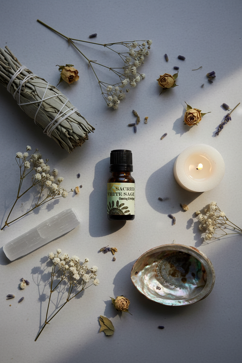 Sacred White Sage Oil Flat Lay