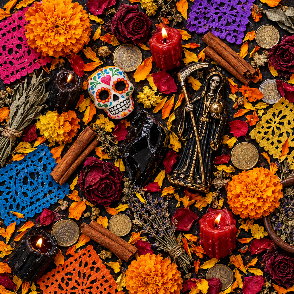 Santísima Muerte Nicho Flat Lay