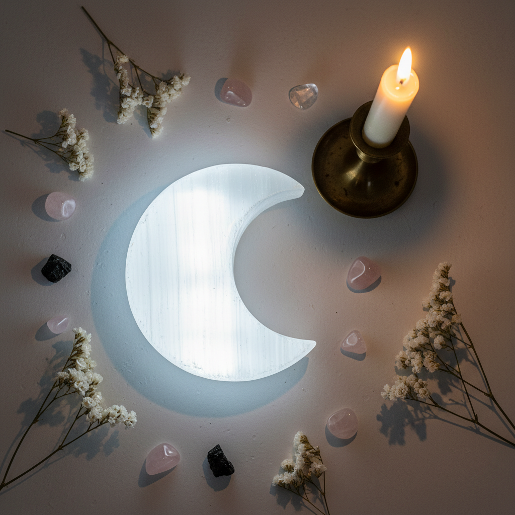 Selenite Moon Flat Lay