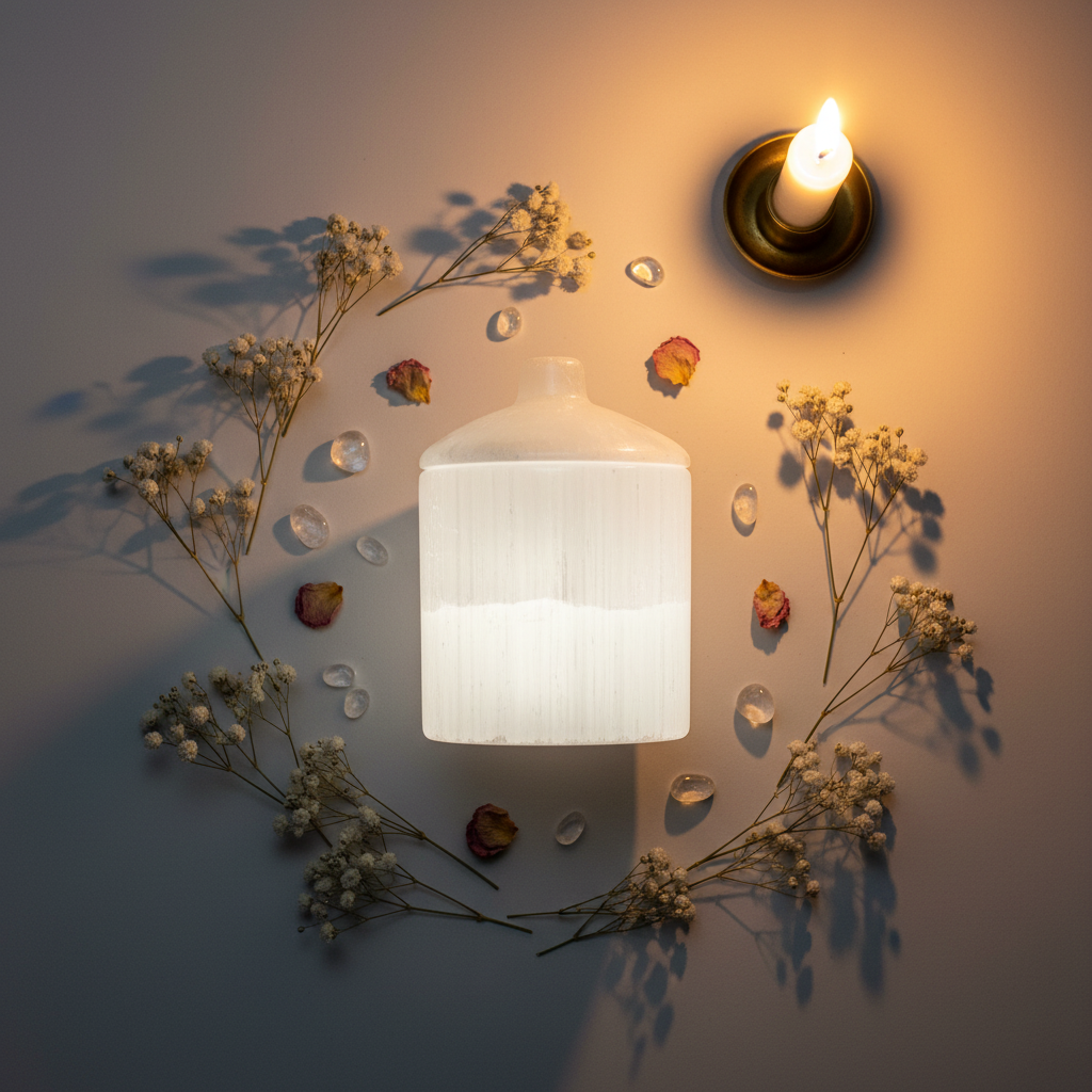 Selenite Tower Flat Lay