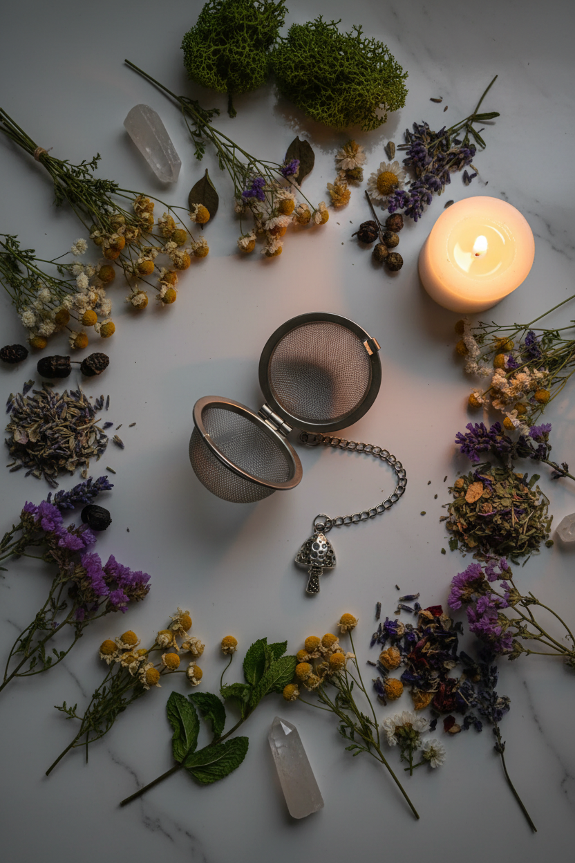 Silver Mushroom Fairy Tea Ball Flat Lay