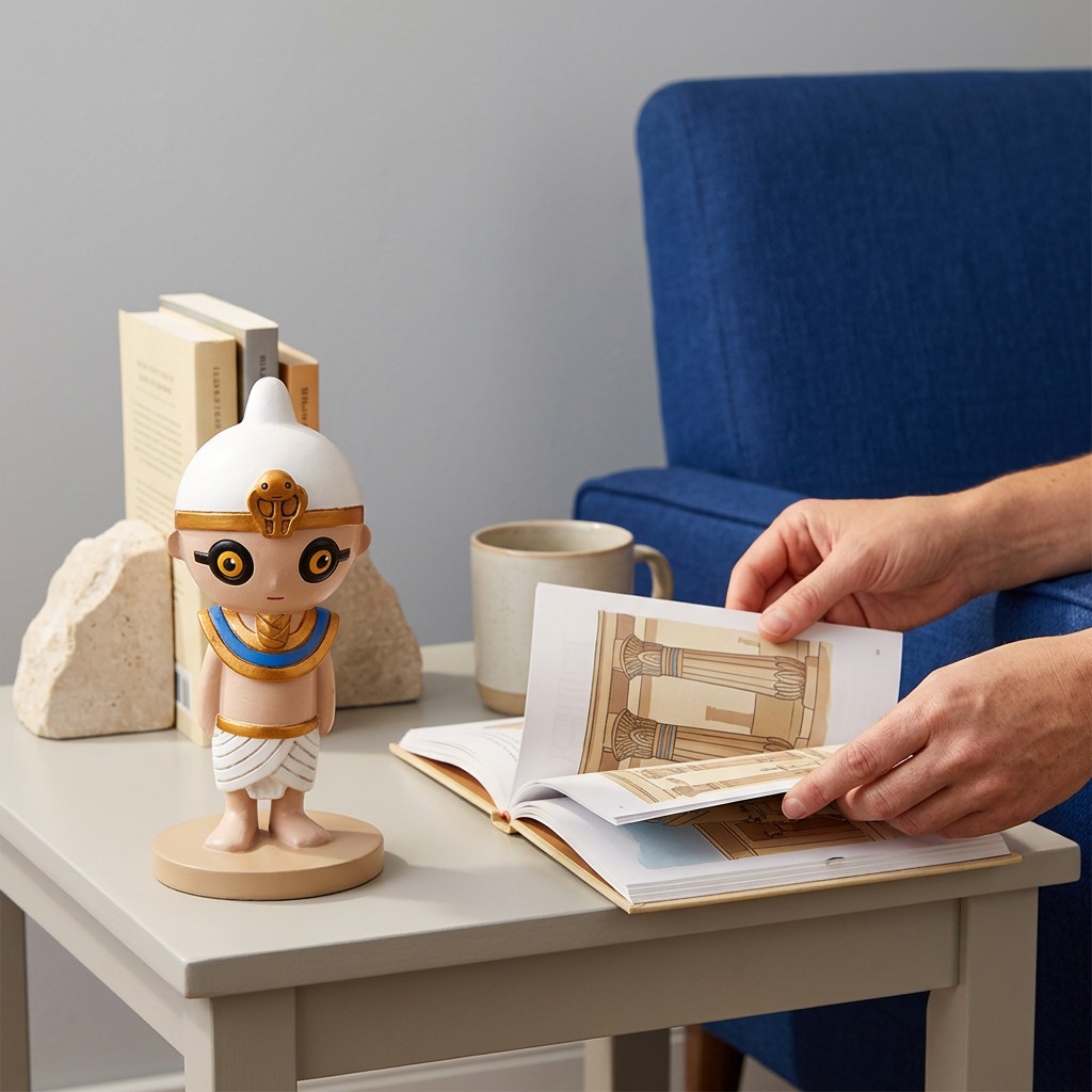 Small Egyptian collectible in a mythology-reading scene
