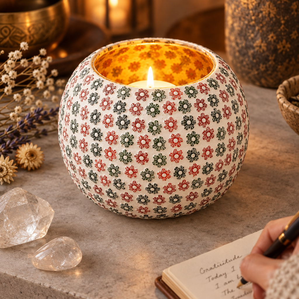 Small floral mosaic candle holder lifestyle