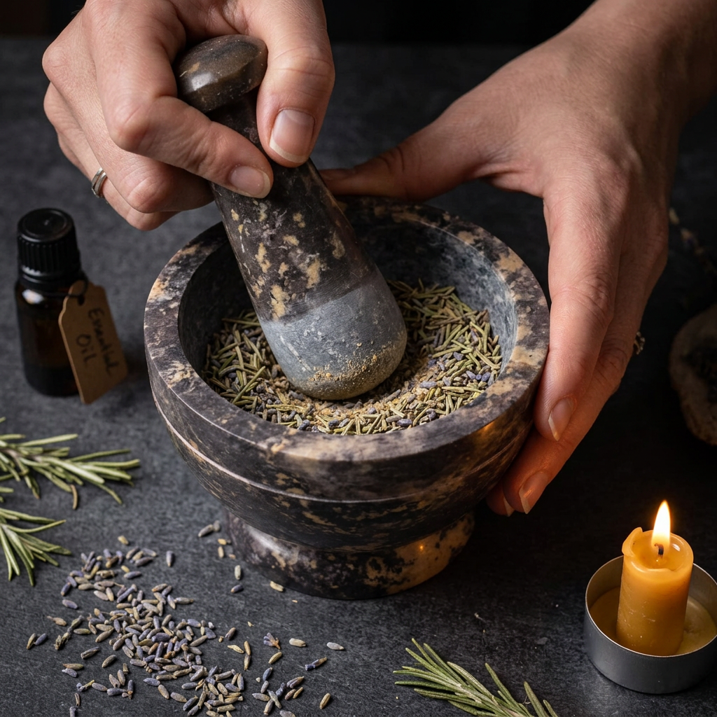 Soapstone mortar and pestle in use