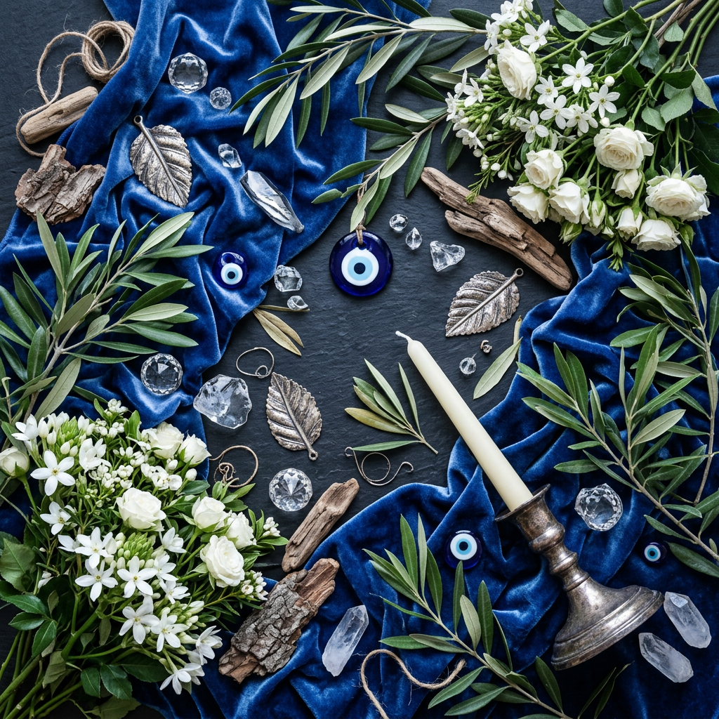 Tree of Life Evil Eye props-only flat lay