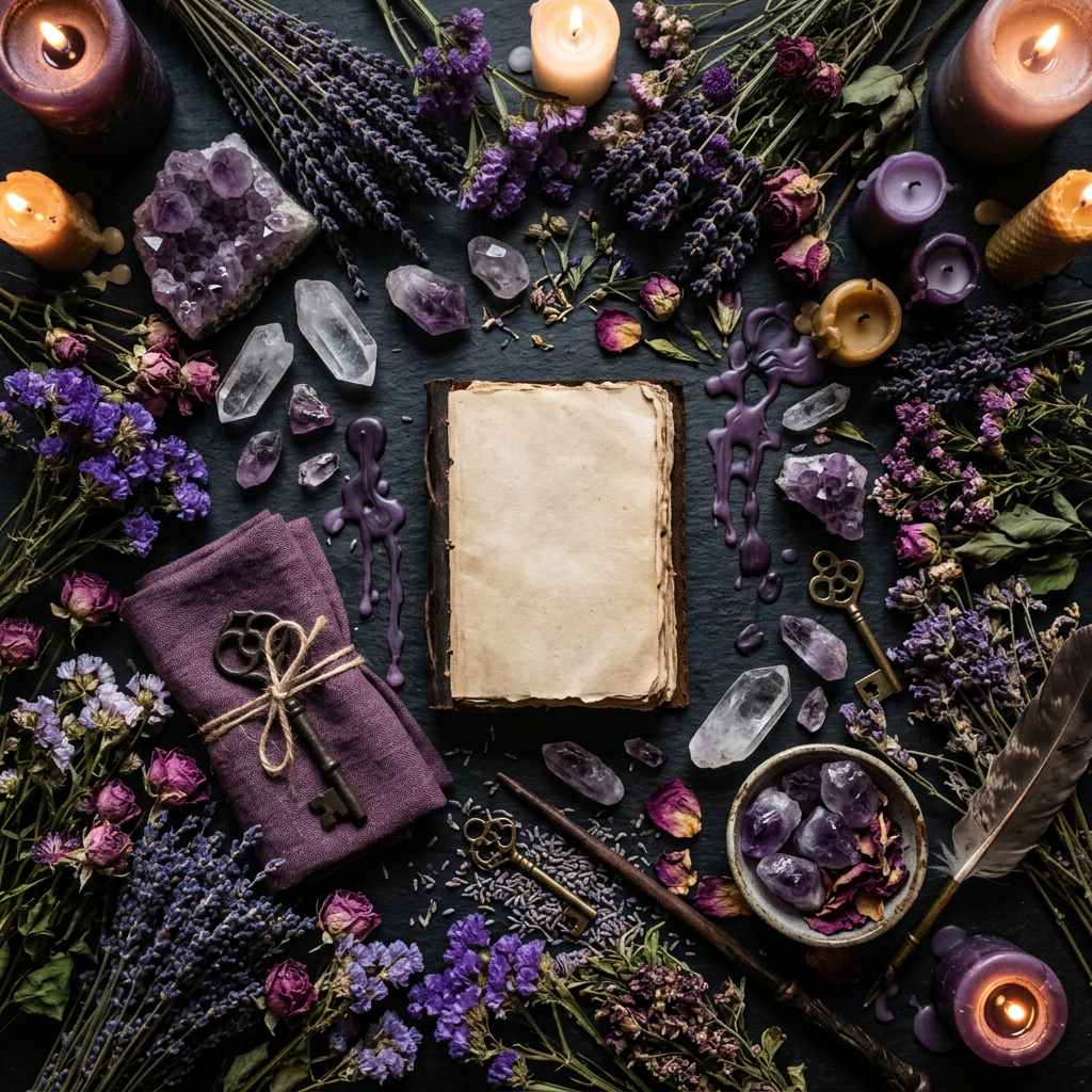 Vervain-themed props-only flat lay