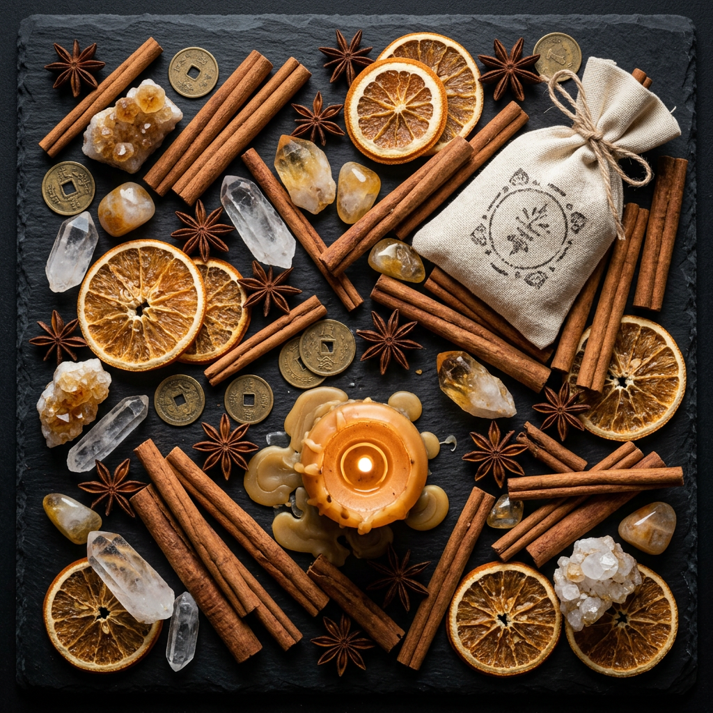 Warming ritual props-only flat lay