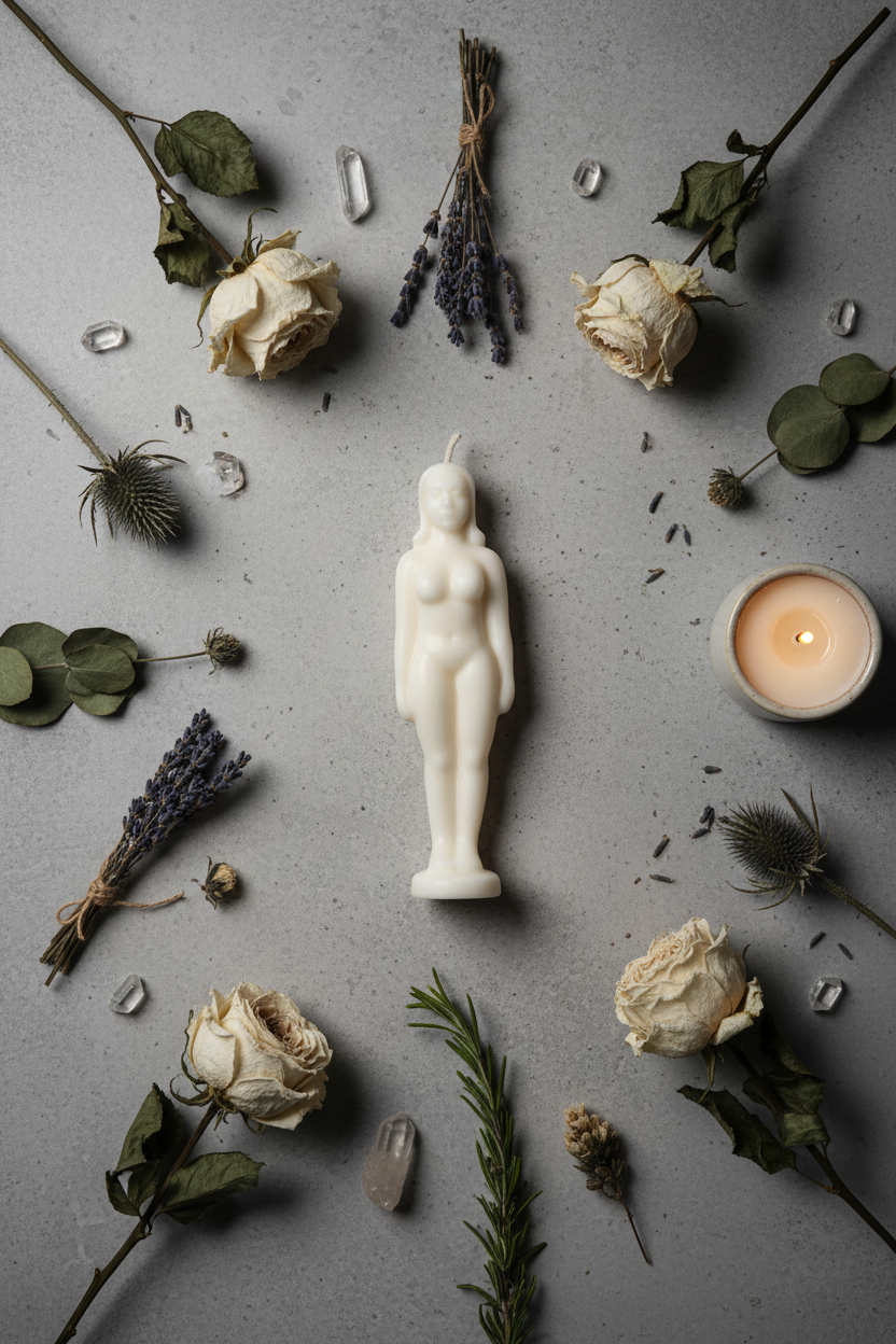White Female Figure Candle Flat Lay