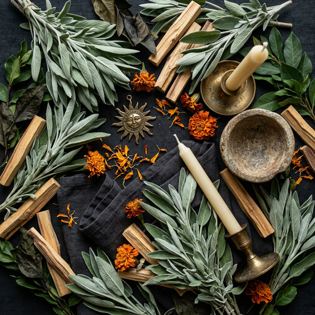 White Sage and Palo Santo props-only flat lay