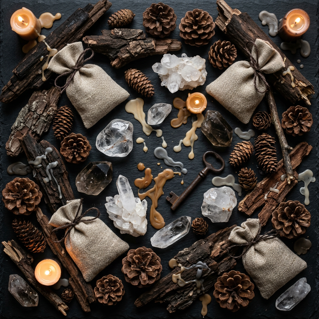 Woodland ritual props-only flat lay