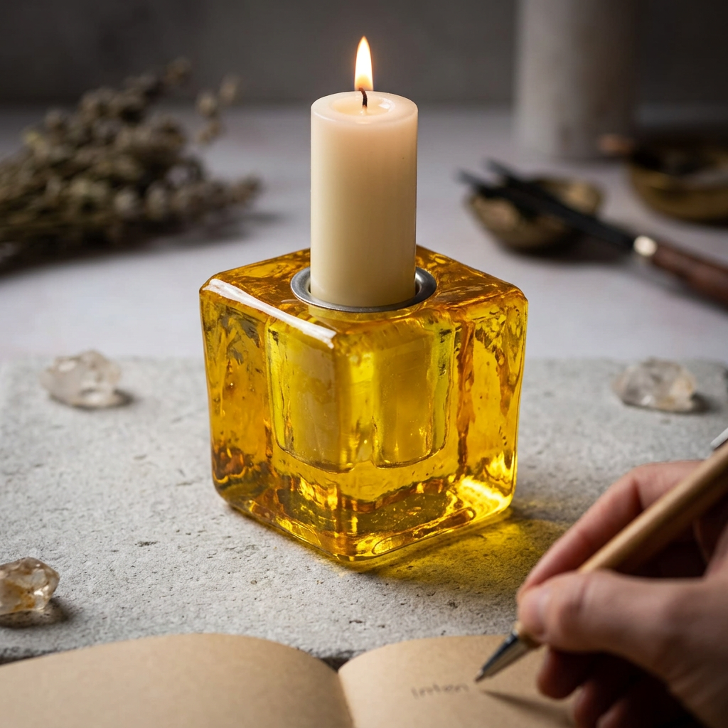 Yellow glass cube holder lifestyle