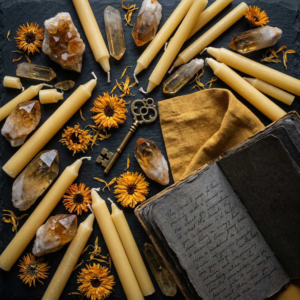 Yellow ritual props-only flat lay